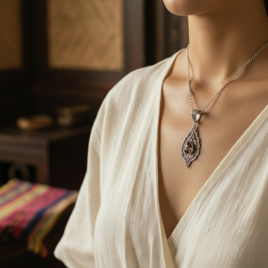 Ciondolo Mandala Quarzo Fumé in argento 925 Collezione Essenza di Ubud Balinesia, su roccia lavica con sfondo tropicale e luce naturale