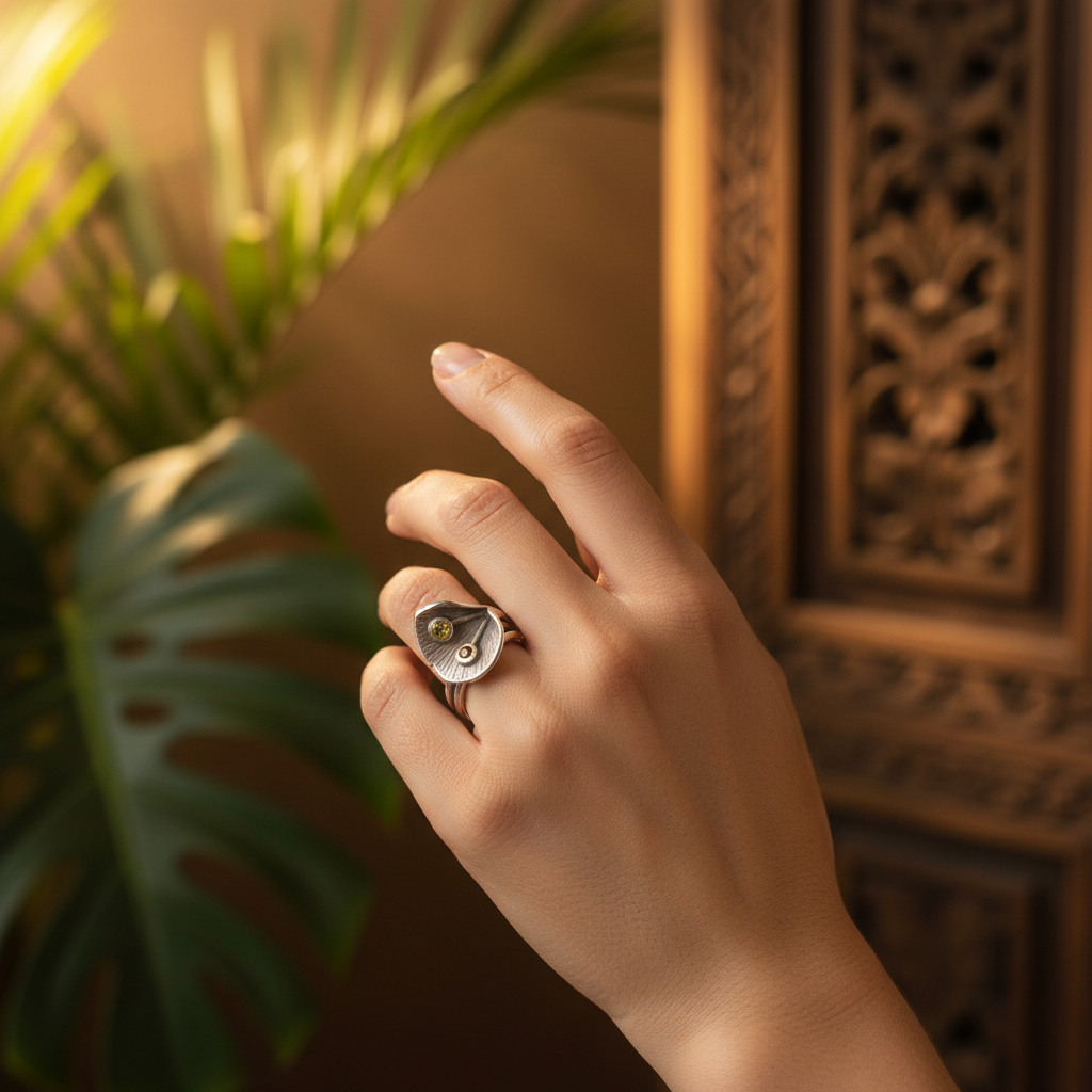 Anello Foglia di Ginkgo Balinesia indossato su mano di modella con sfondo interno balinese dorato e porta intagliata, foglia di ginkgo in argento 925 ossidato con peridoto e granato, Collezione Essenza di Ubud