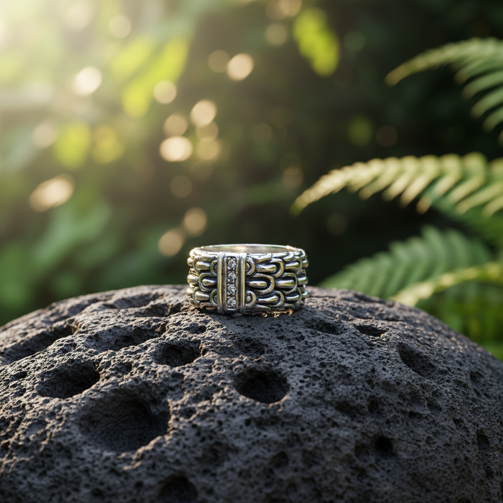 Anello Naga Topaz Collezione Sisik Naga Balinesia, posato su pietra lavica con sfondo giungla tropicale, fascia larga in argento 925 ossidato con scaglie incise a mano e topazi bianchi naturali