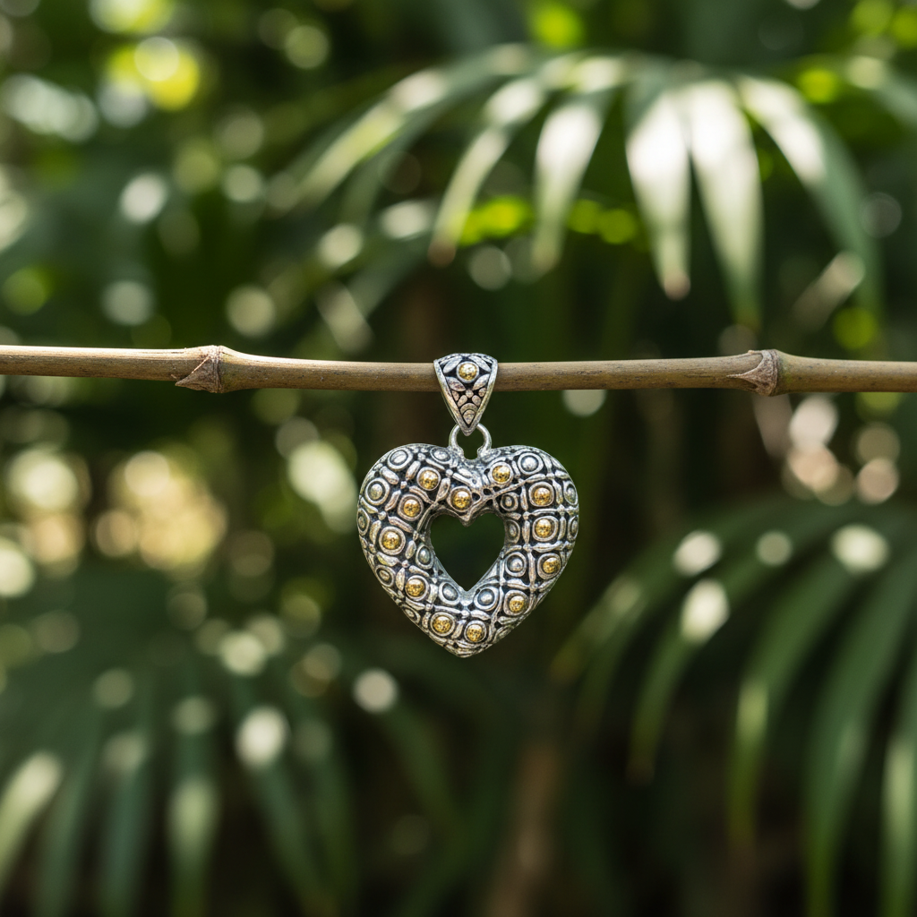 Ciondolo Hati Celuk Balinesia appeso a canna di bambù con sfondo giungla balinese, cuore aperto in argento 925 ossidato con sfere in oro 18K e texture a cerchi concentrici, bail decorato a diamante in evidenza, Collezione Viaggio a Celuk