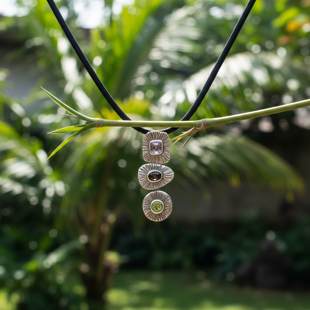 Ciondolo Tri Ratna Balinesia appeso a ramo di bambù con sfondo giardino tropicale balinese, tre moduli in argento 925 con ametista, quarzo fumé e peridoto naturali, Collezione Essenza di Ubud