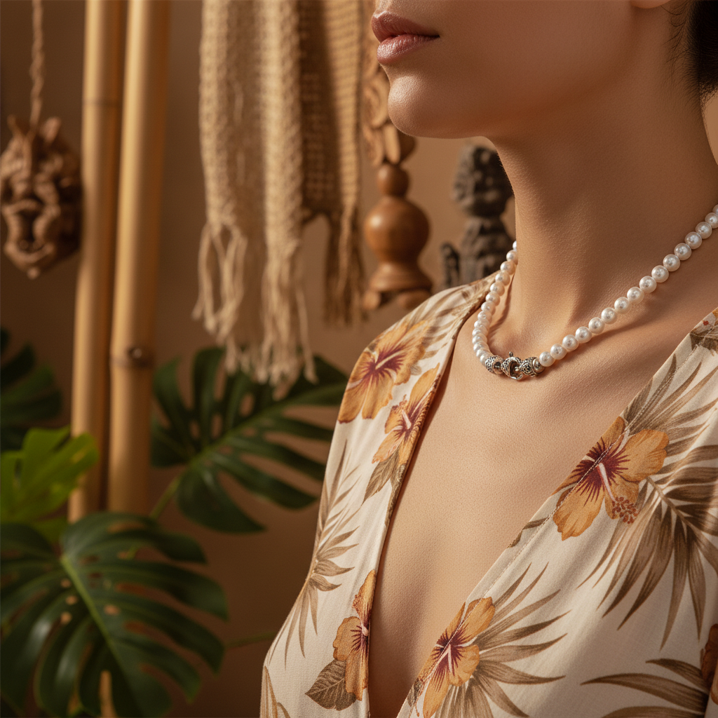 Collana Legian perle indossata su modella, girocollo, luce calda, interno balinese