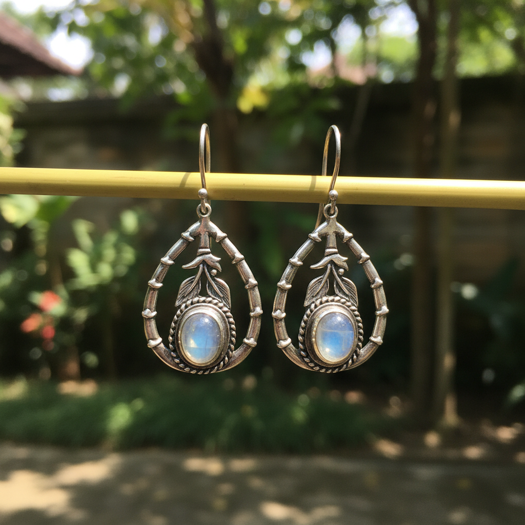 Orecchini Bambù Goccia Pietra di Luna Balinesia appesi a un'asta di bambù in giardino tropicale balinese – Argento 925 ossidato con pietra di luna naturale, artigianato di Celuk, Bali