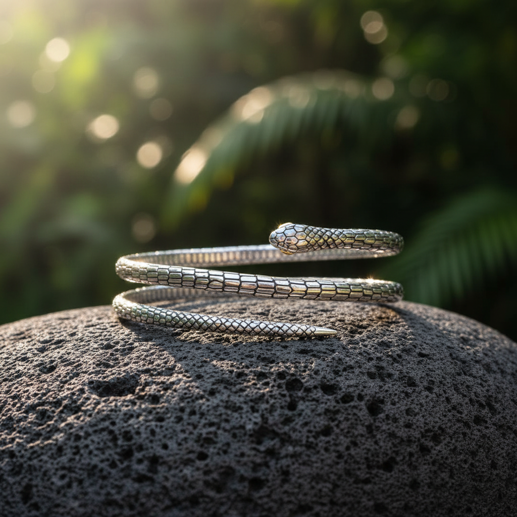 Bangle Ular Gold Eye in argento 925 su roccia lavica, Collezione Black Mamba Balinesia – ambientazione naturale
