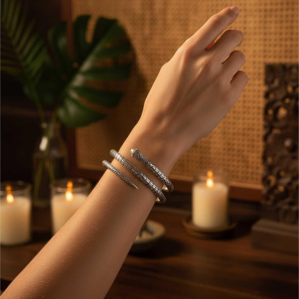 Bangle Ular Gold Eye Collezione Black Mamba Balinesia indossato al polso – ambientazione balinese
