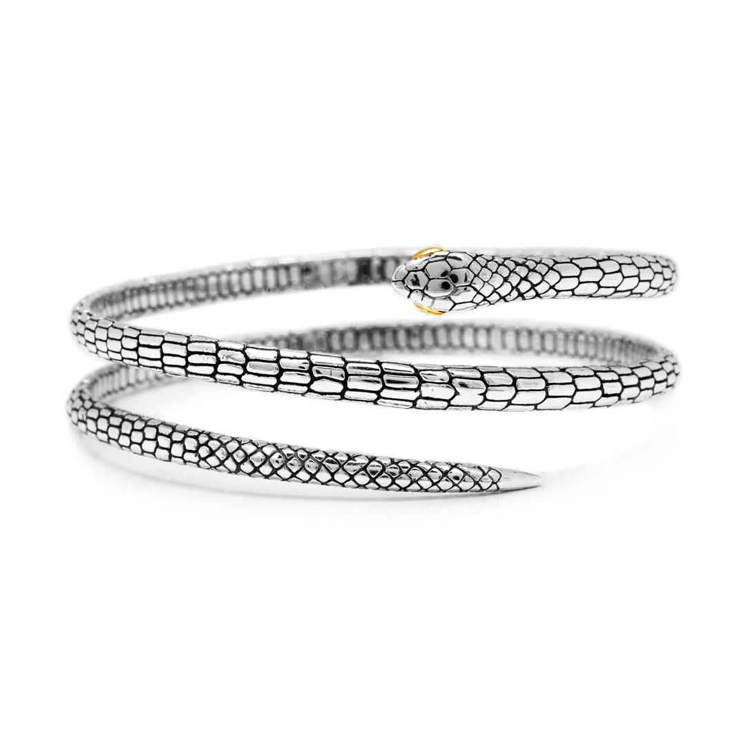 Bangle Ular Gold Eye in argento 925 ossidato con accenti oro 18K, Collezione Black Mamba Balinesia – vista frontale