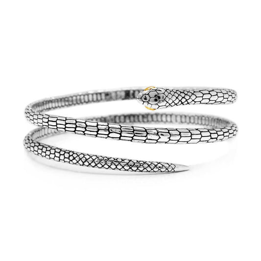 Bangle Ular Gold Eye in argento 925 ossidato con accenti oro 18K, Collezione Black Mamba Balinesia – vista frontale