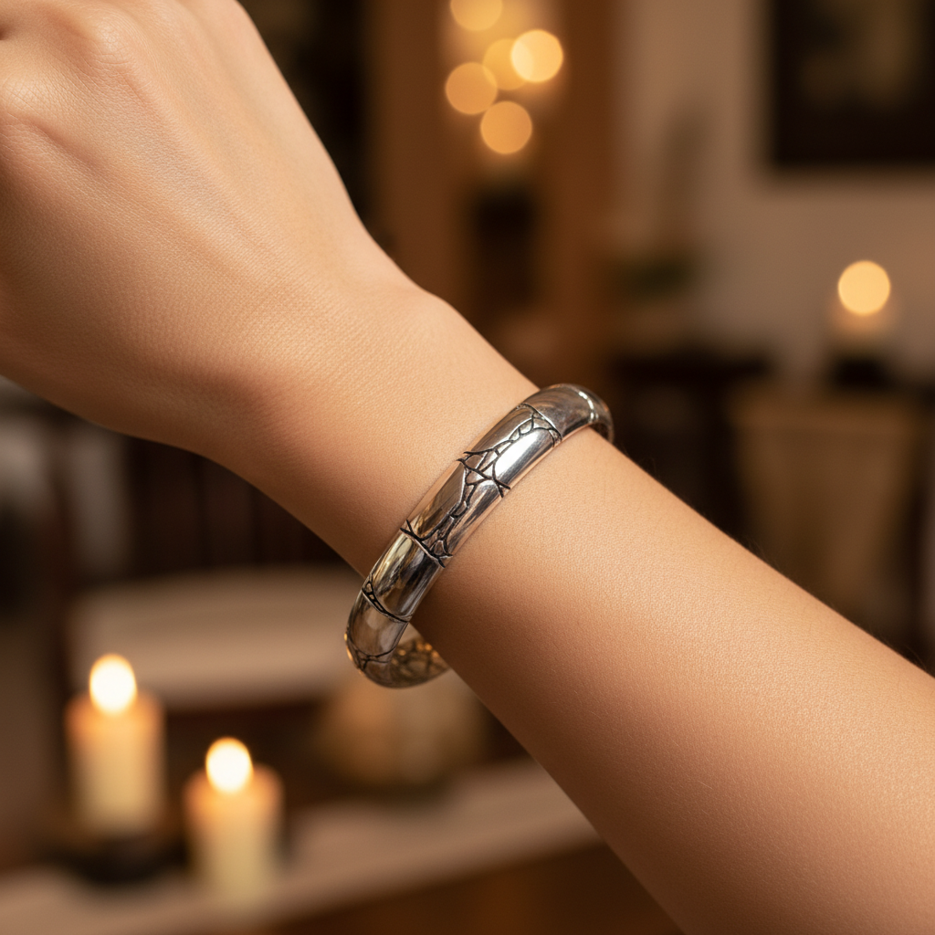 Bracciale Kulit Buaya indossato al polso in ambiente caldo con candele — texture a scaglie in argento 925 in luce soffusa, Collezione Crocodile, Balinesia