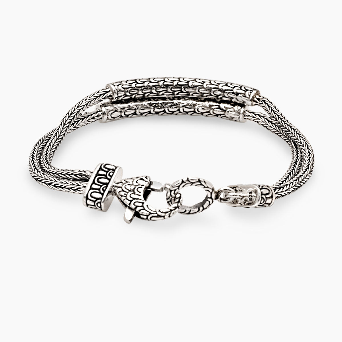 Bracciale Naga Topaz in argento 925 con punzone 925 visibile, barra Crocodile ossidato e barra pavé topazi bianchi, doppia catena Sisik Naga – Balinesia