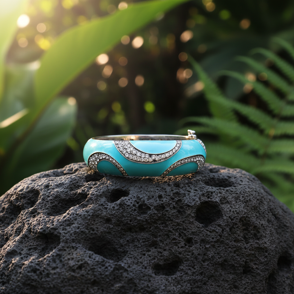 Bracciale Onde Turchese su roccia vulcanica con sfondo di vegetazione tropicale balinese