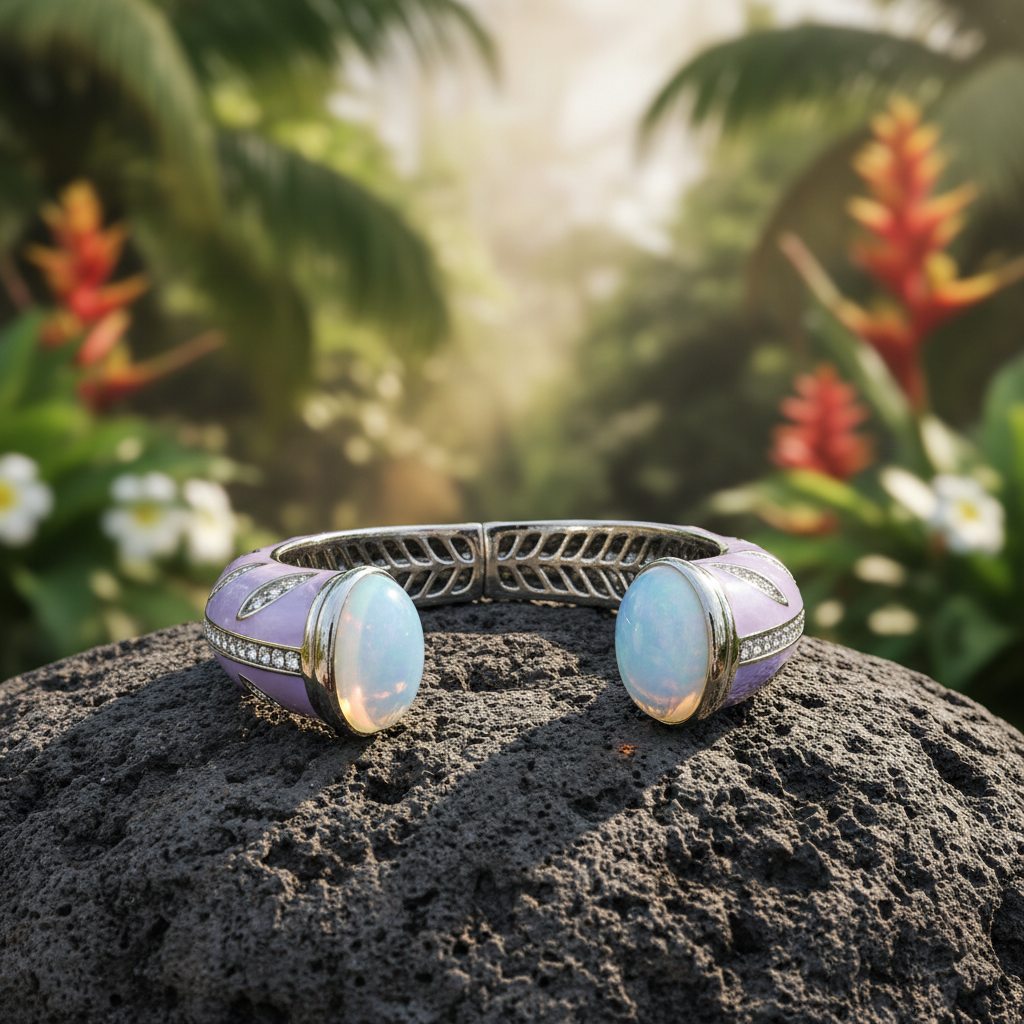 Bracciale cuff Bulan Lilla posato su roccia lavica con sfondo di vegetazione tropicale — Collezione Notte Tropicale, Balinesia