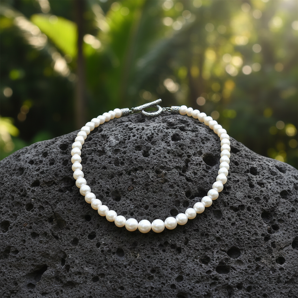Collana Mutiara perle d'acqua dolce Balinesia appoggiata su pietra lavica, sfondo tropicale verde sfocato