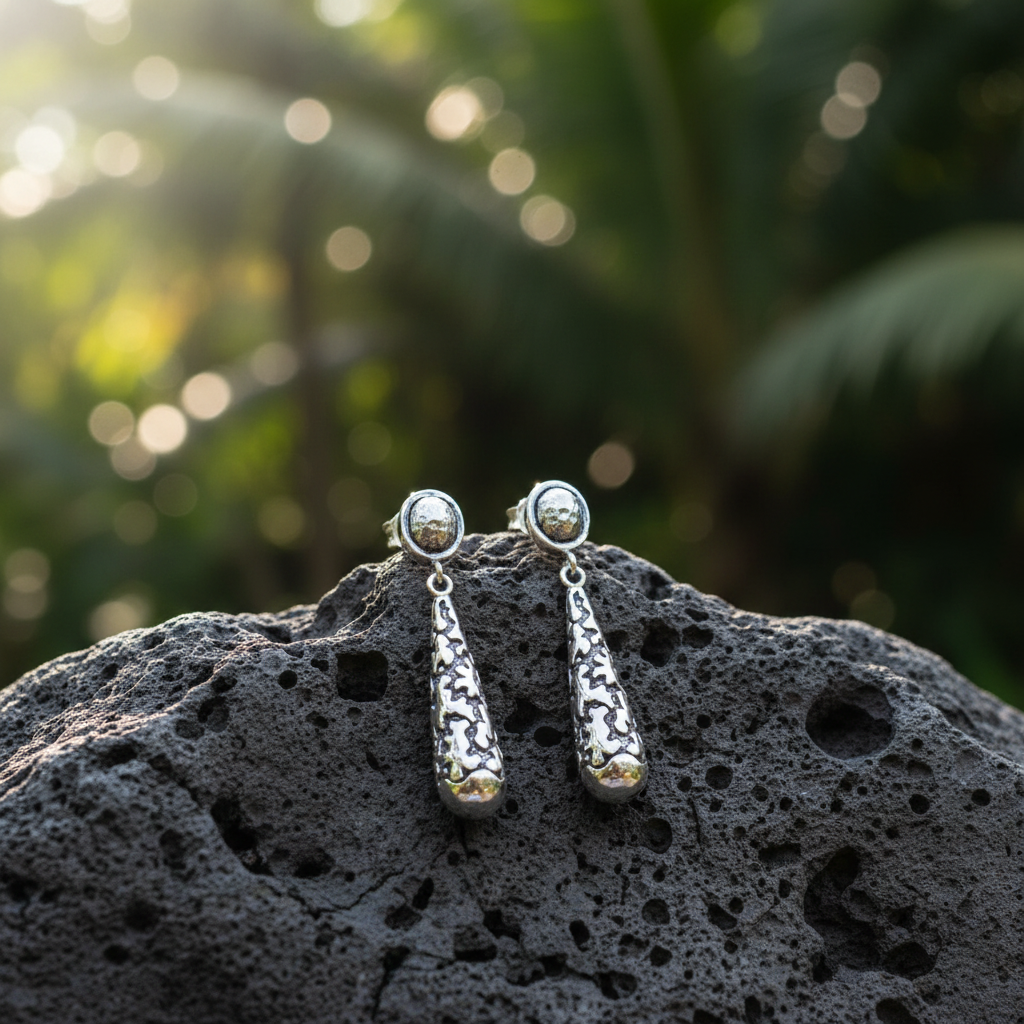 Coppia di Orecchini Tetes Perak in argento 925 ossidato posata su pietra lavica balinese, texture martellata organica in luce naturale – Collezione Gunung Agung Balinesia