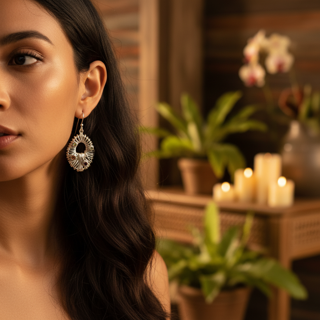 Orecchini Surya Bali Balinesia indossati da modella con sfondo interno balinese, candele e orchidea, orecchino sinistro con forma ovale raggiante in argento 925 e pietre naturali multicolore, Collezione Essenza di Ubud
