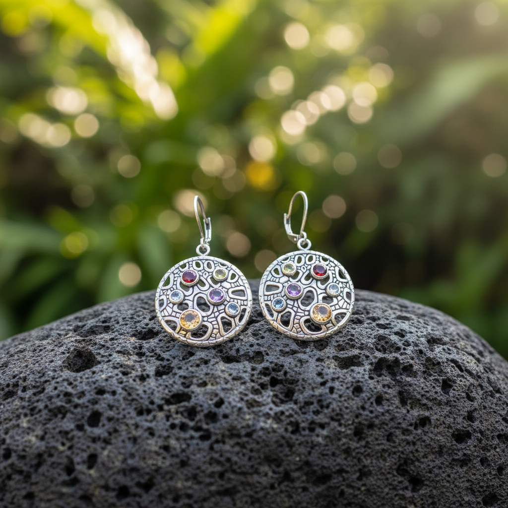 Orecchini Naga Multigemme Balinesia su roccia lavica nera, sfondo giardino balinese – coppia di dischetti tondi traforati in argento 925 con sei pietre naturali multicolore, Collezione Sisik Naga