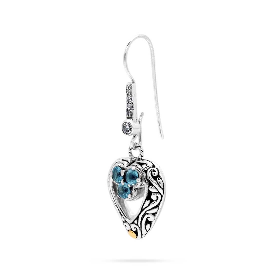 Orecchino Sari cuore argento 925 con topazi Sky Blue – vista laterale – Balinesia Collezione Viaggio a Celuk