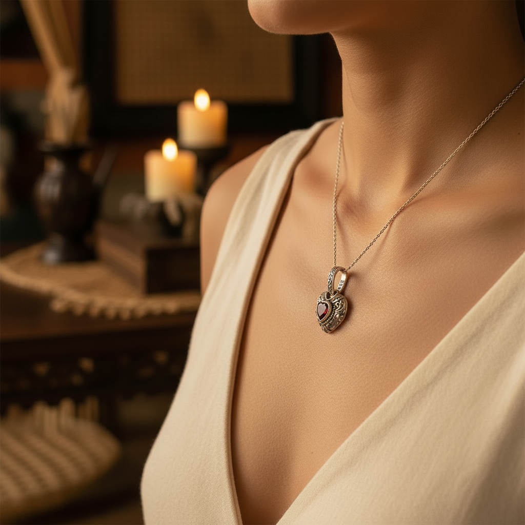 Ciondolo Hati Granato Balinesia indossato su collana sottile, ambientazione elegante con candele