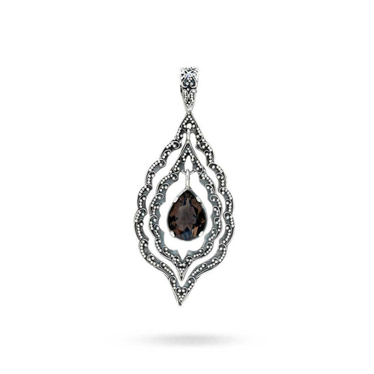 Ciondolo Mandala Quarzo Fumé in argento 925 della Collezione Essenza di Ubud Balinesia, vista frontale su sfondo bianco con dettaglio granulazione Jawan