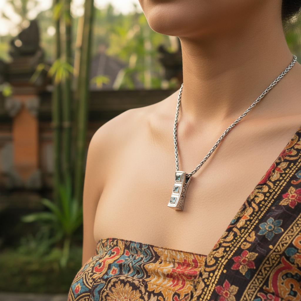 Ciondolo Sinar Balinesia indossato su modella con abito batik balinese, sfondo tempio e bambù con luce dorata, tre topazi blu cielo in argento 925 ossidato