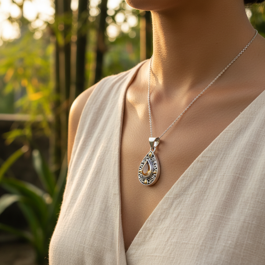Ciondolo Embun Balinesia indossato su modella con abito bianco a spalla nuda, sfondo bambù con luce dorata al tramonto, ciondolo a goccia in argento 925 ossidato con citrino
