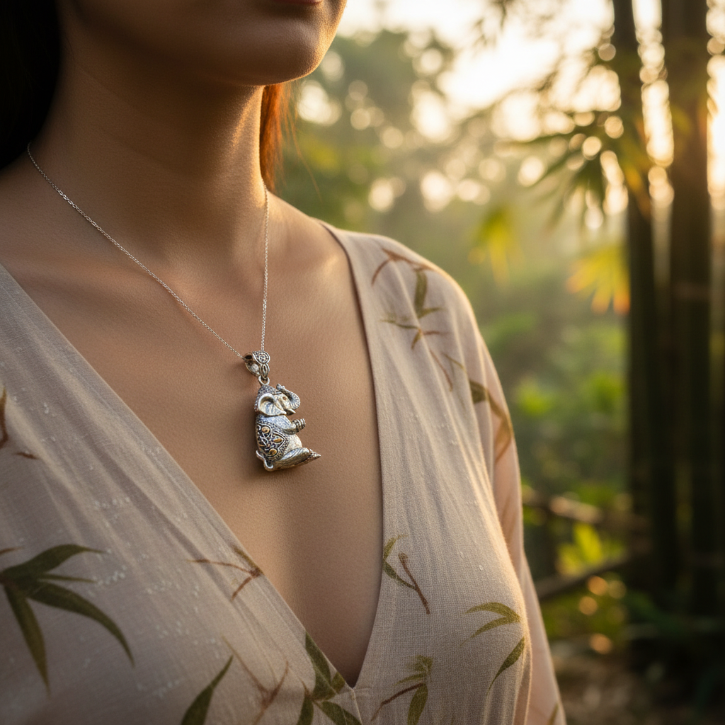 Ciondolo Gajah Balinesia appeso a rametto di bambù con sfondo porta balinese intagliata e giardino tropicale, elefante scolpito in argento 925 ossidato con dettagli in oro