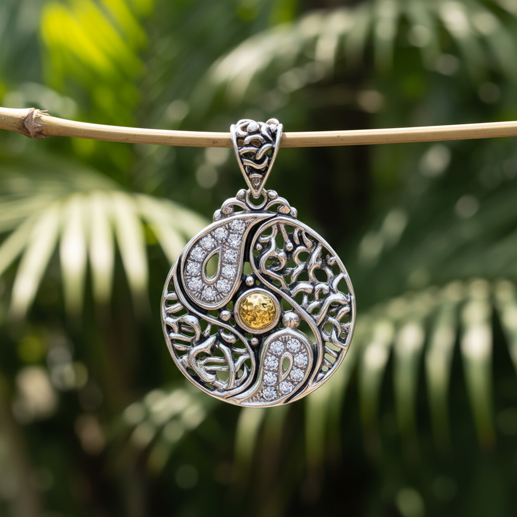 Ciondolo Yin Yang Balinesia, vista frontale su sfondo bianco con catena mesh piatta in argento, doppia spirale traforata con zirconi cubici a pavé e elemento centrale in oro 18k martellato