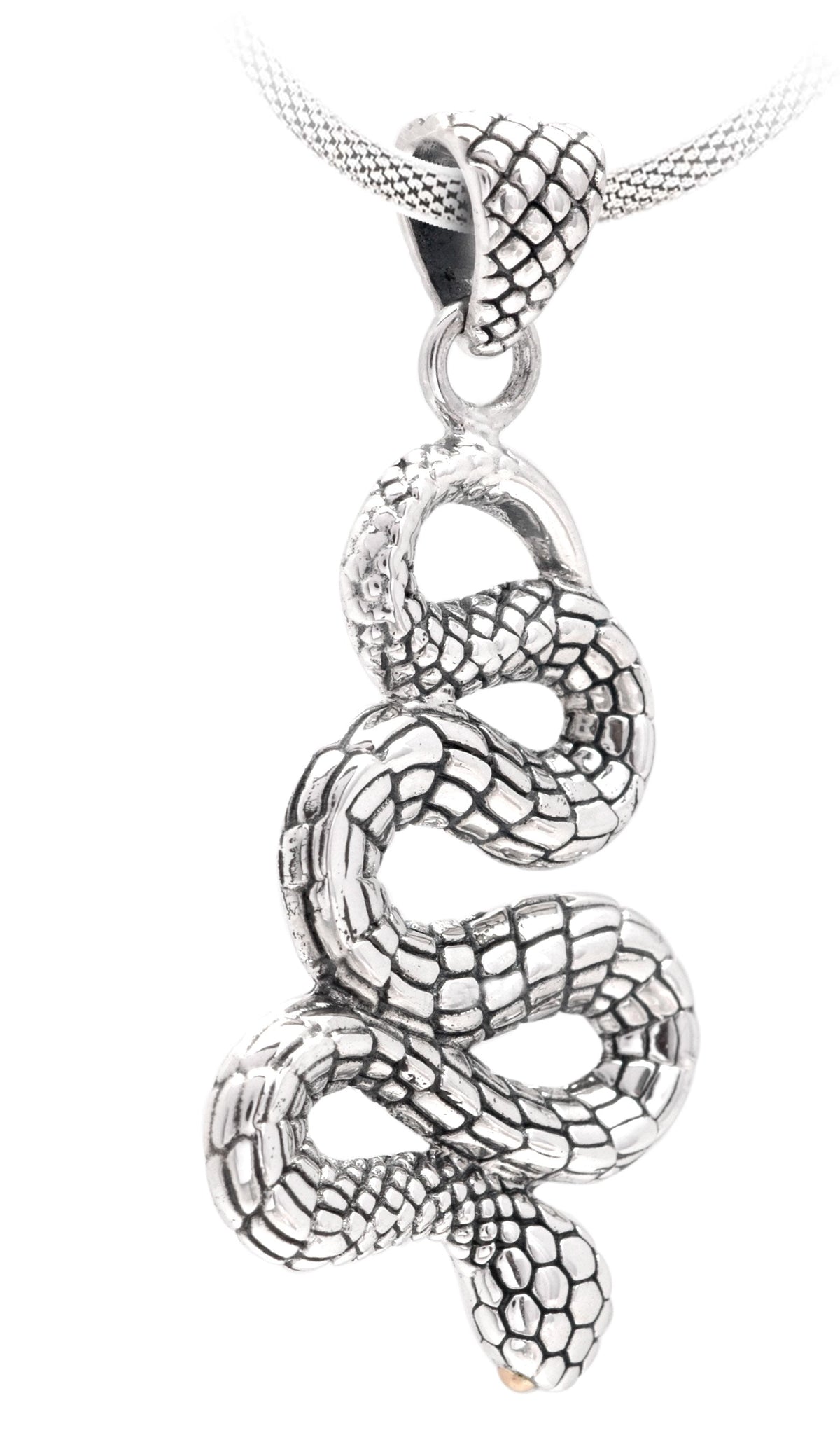 Ciondolo Ular Balinesia, vista laterale su sfondo bianco con profilo tridimensionale delle spire del serpente in argento 925 ossidato e gancio integrato a forma di testa di serpente
