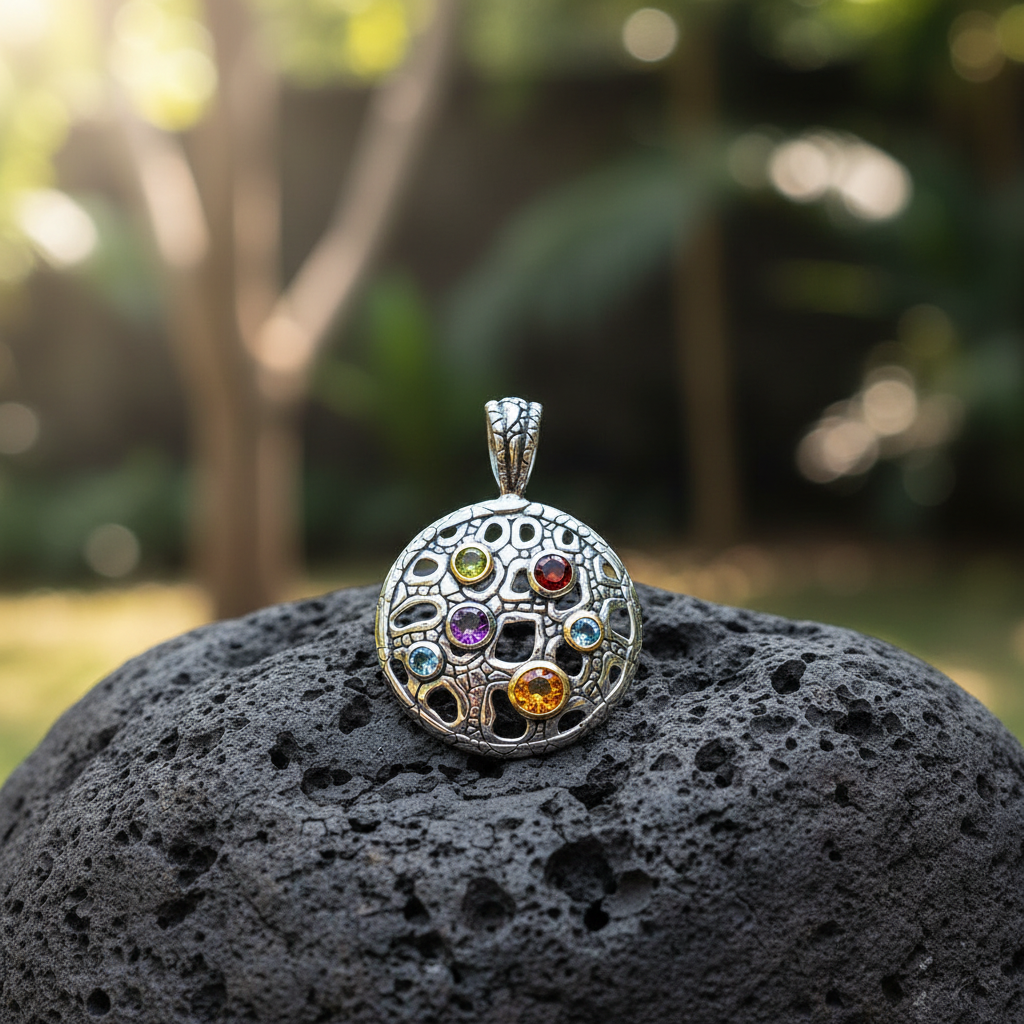 Ciondolo Naga Multigemme Balinesia su roccia vulcanica nera con sfondo giardino balinese, argento 925 ossidato traforato con gemme naturali multicolore