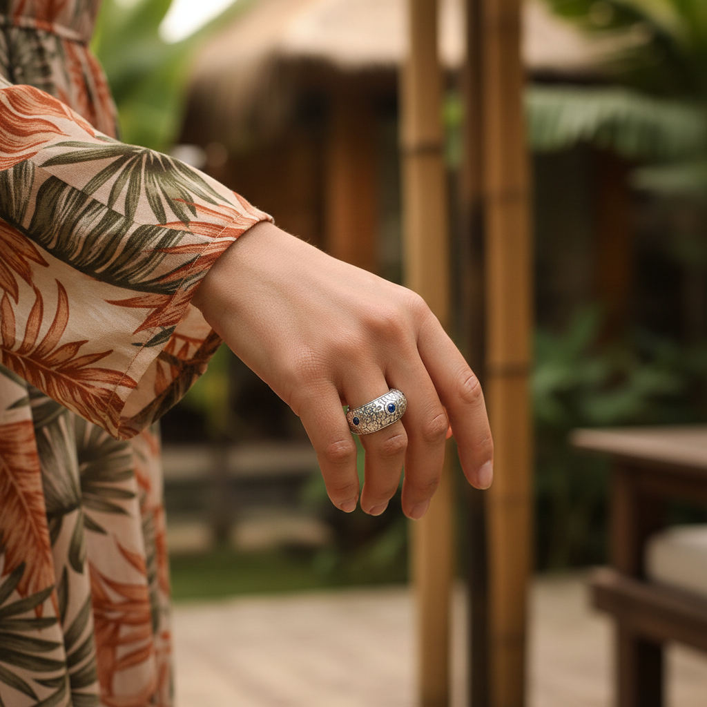 Anello Laut Collezione Crocodile Balinesia indossato su mano, sfondo interno balinese con bambù