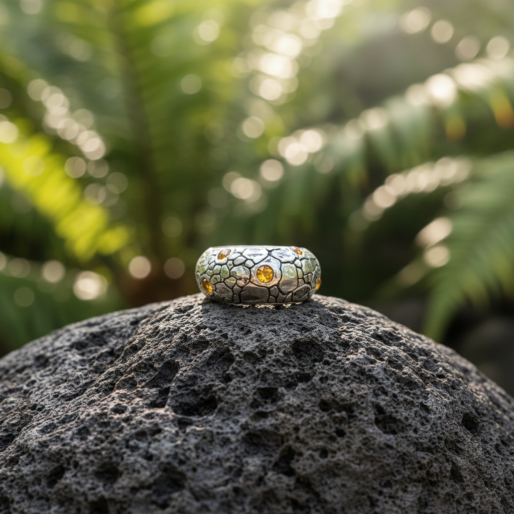 Anello Surya della Collezione Crocodile Balinesia posato su pietra lavica, sfondo giungla tropicale