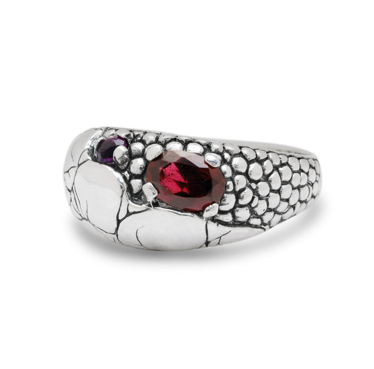 Anello Merah Balinesia, doppia vista frontale e laterale, pietre granato e ametista su argento 925