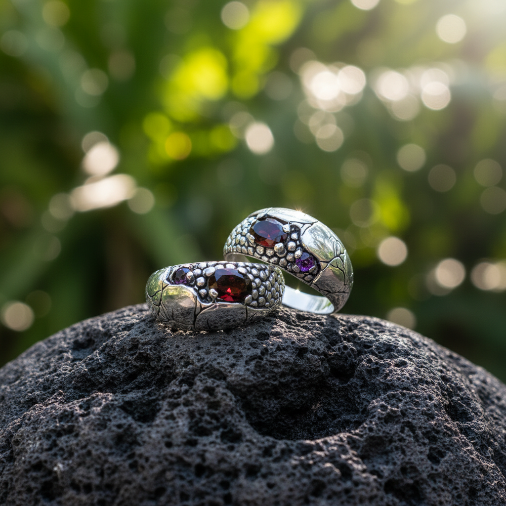 Anello Merah Collezione Crocodile, vista laterale angolata, dettaglio fascia bombata e pietre colorate