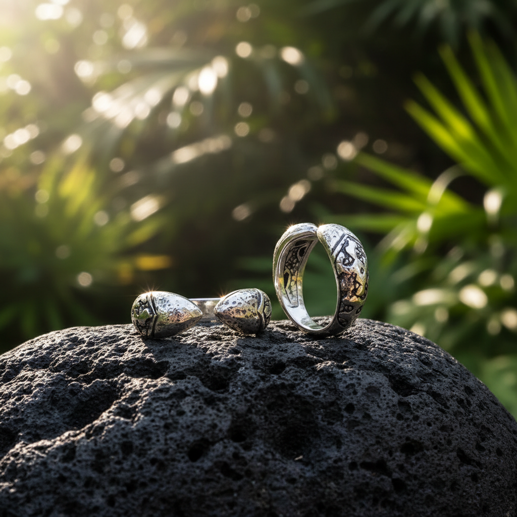 Anello Lava Perak della Collezione Crocodile Balinesia posato su pietra lavica, vista tre quarti con sfondo giungla tropicale, entrambe le misure