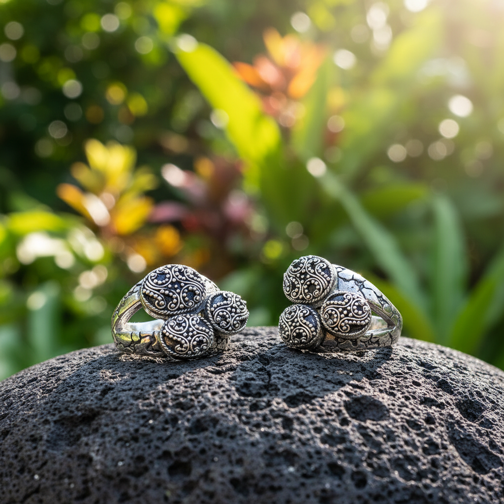 Anello Jawan Collezione Gunung Agung Balinesia, due anelli posati su pietra lavica con sfondo giungla tropicale, vista frontale entrambe le misure