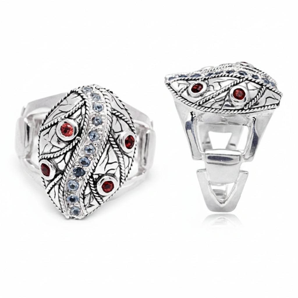 Anello Foglia d'Argento con Topazio e Granato – vista frontale e retro con apertura della fascia – Balinesia