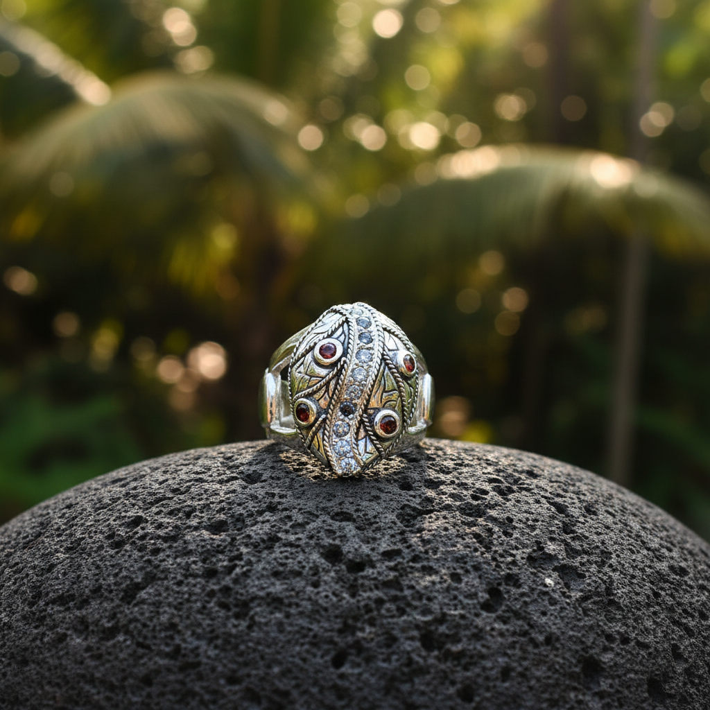 Anello Foglia d'Argento con Topazio e Granato posato su pietra lavica, sfondo giungla balinese – Balinesia