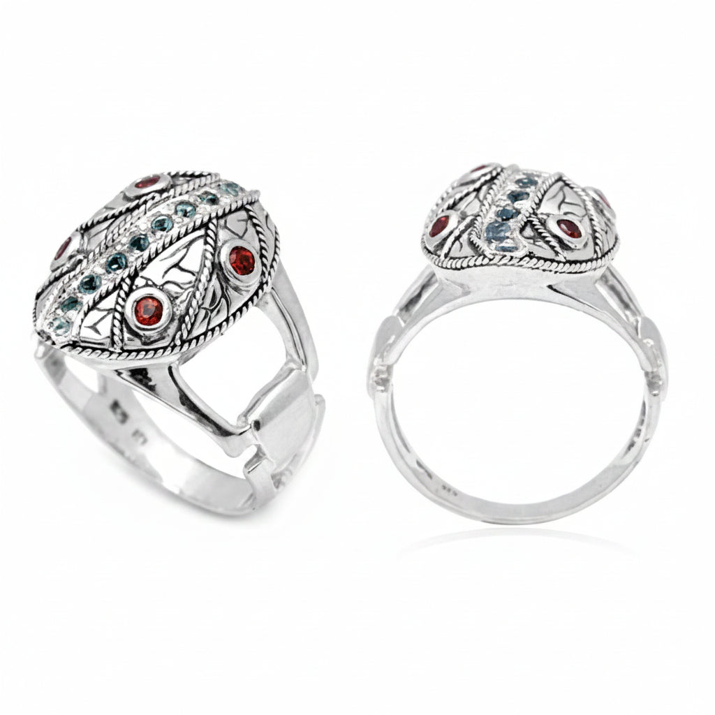 Anello Foglia d'Argento con Topazio e Granato – vista frontale e laterale a confronto, argento 925 – Balinesia