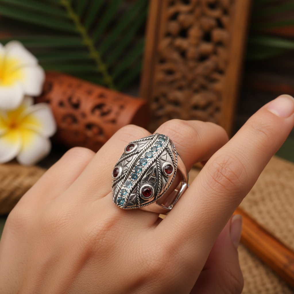 Anello Foglia d'Argento con Topazio Blu e Granato Rosso indossato su mano, sfondo balinese con frangipane – Balinesia