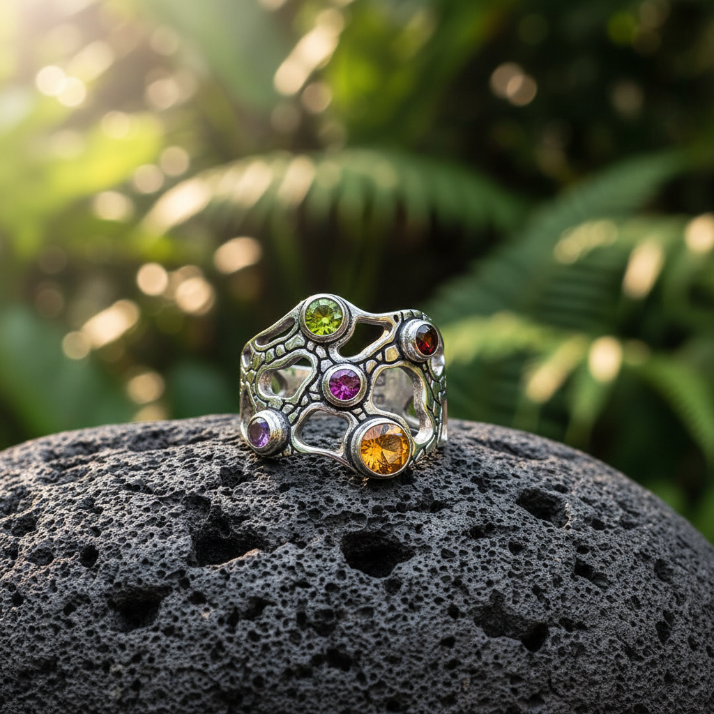 Anello Naga della Collezione Sisik Naga Balinesia posato su pietra lavica, sfondo giungla tropicale, cinque pietre multicolore visibili