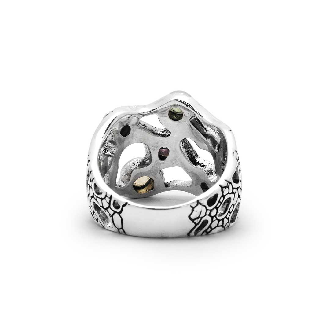 Anello Naga Collezione Sisik Naga, vista dall'interno, struttura cava in argento 925 con punzone visibile e retro delle pietre