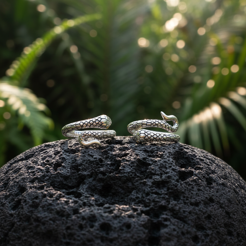 Due anelli Golden Ular Collezione Black Mamba Balinesia su pietra lavica con sfondo giungla tropicale, aperti con teste rivolte verso l'esterno e lingua biforcuta visibile in argento 925 ossidato