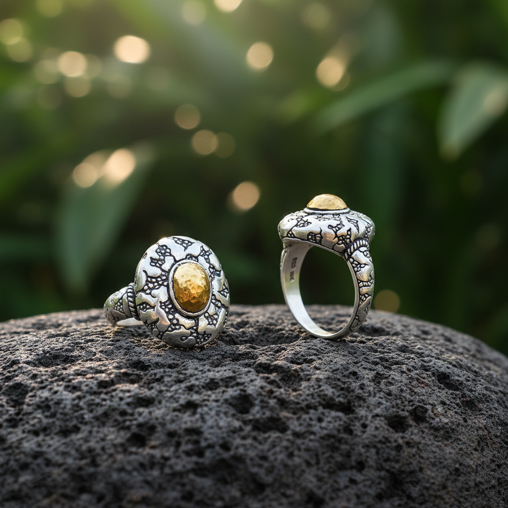 Anello Batu Api Collezione Crocodile Balinesia indossato sulla mano, vista laterale tre quarti, castone oro 18K e texture craquelé ossidato