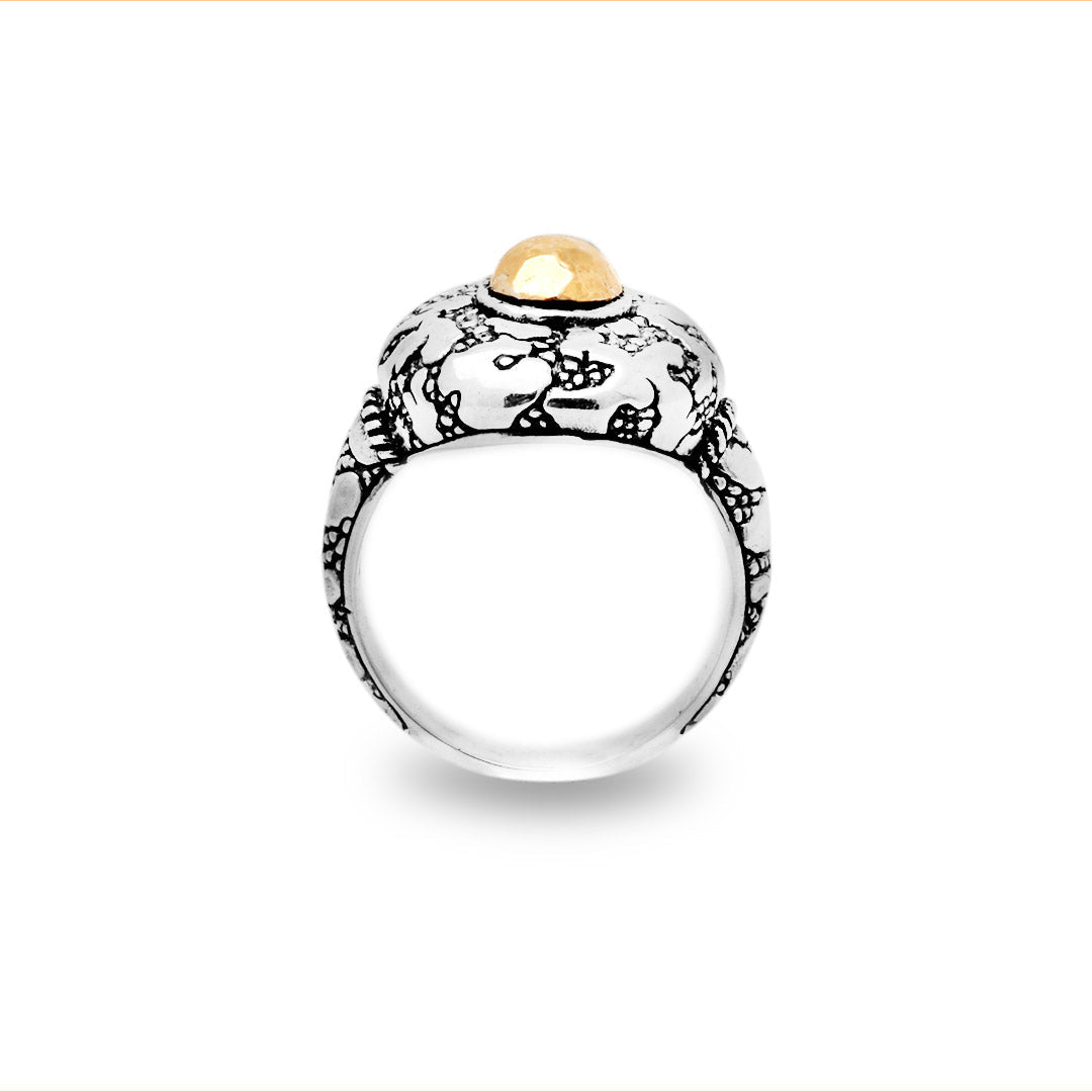 Anello Batu Api Collezione Crocodile, vista frontale dall'alto su sfondo bianco, castone ovale oro 18K al centro della fascia bombata