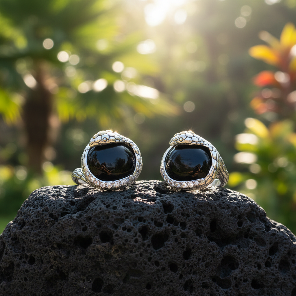 Due anelli Cobra Onyx Collezione Black Mamba Balinesia su pietra lavica con sfondo giungla tropicale, cabochon onice nera con white topaz brillanti alla luce naturale in argento 925 ossidato