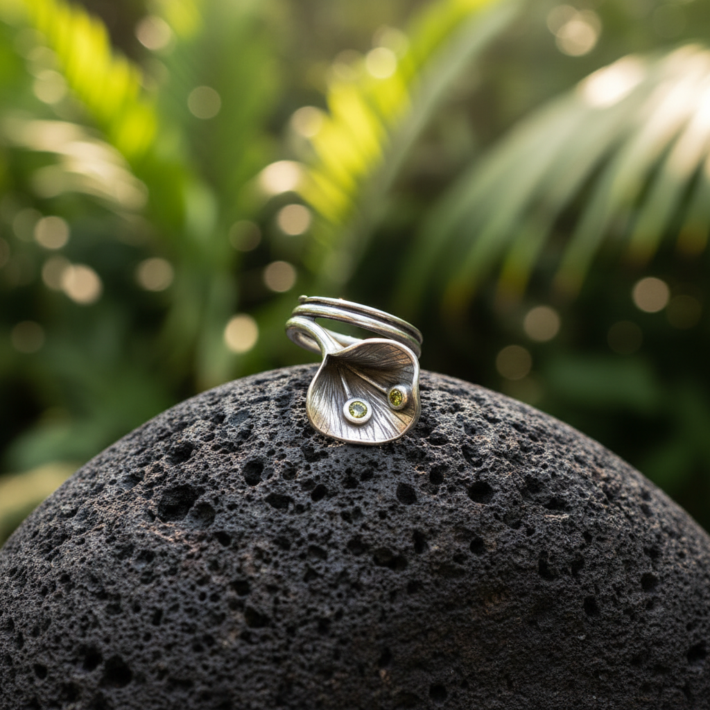 Anello Foglia di Ginkgo Balinesia su roccia vulcanica nera con sfondo giardino tropicale, foglia di ginkgo in argento 925 ossidato con nervature incise, peridoto e granato naturali, Collezione Essenza di Ubud