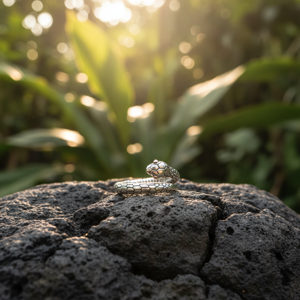 Anello Golden Mamba Collezione Black Mamba Balinesia posato su pietra lavica con sfondo foresta tropicale, luce bokeh naturale dorata in argento 925 ossidato