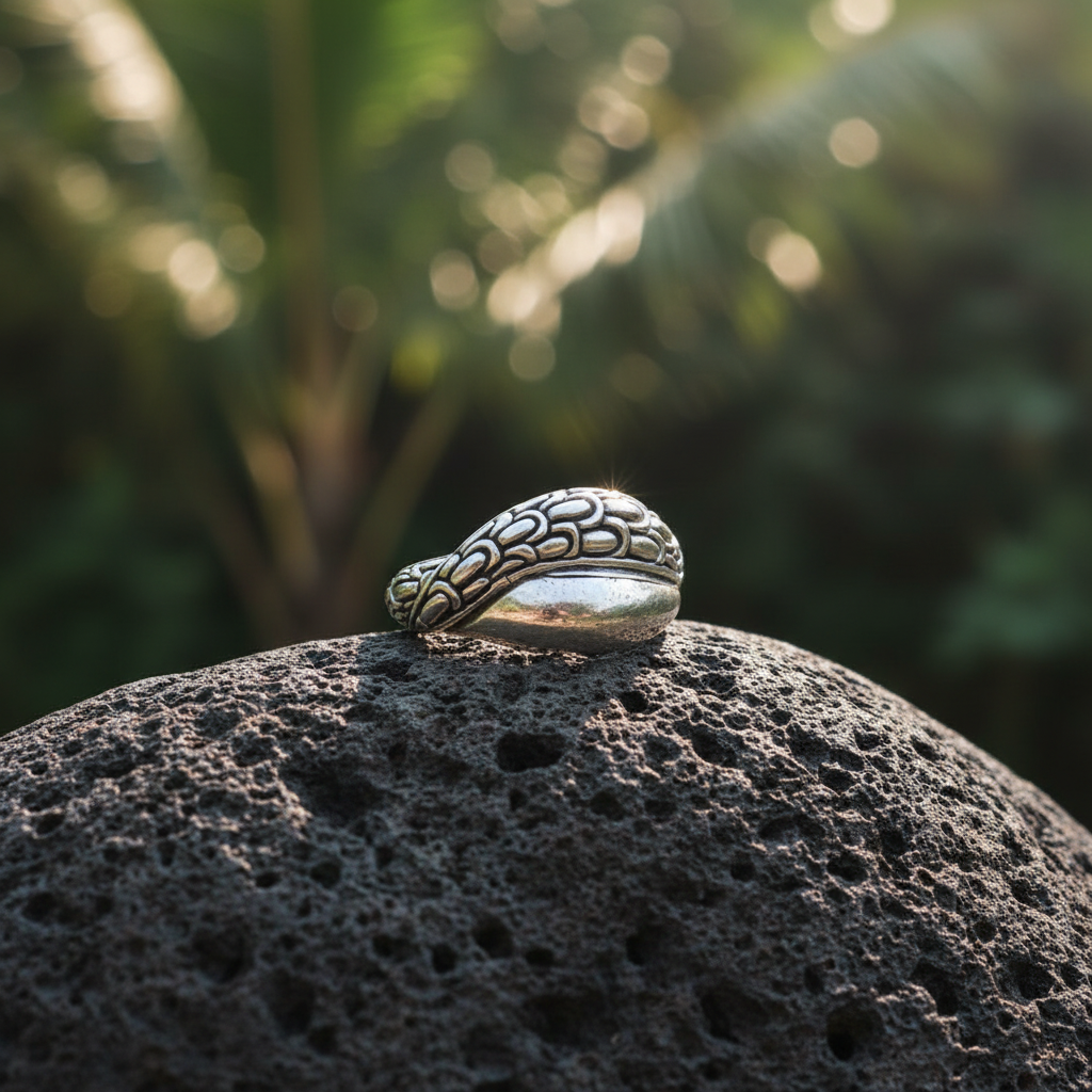 Anello Naga Perak Collezione Sisik Naga Balinesia, posato su pietra lavica con sfondo giungla tropicale, argento 925 con texture a scaglie incise a mano