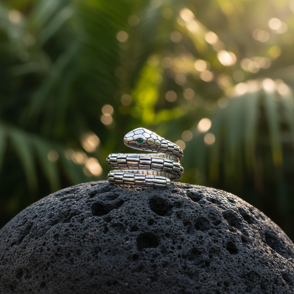	Anello Ular Emerald Collezione Black Mamba Balinesia posato su pietra lavica con sfondo foresta tropicale, anello serpente avvolgente in argento 925 ossidato con occhi in smeraldo naturale