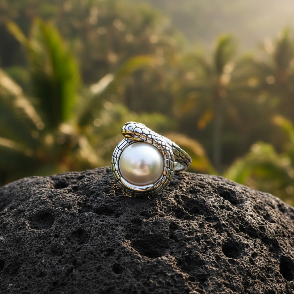 Anello White Cobra Collezione Black Mamba Balinesia su pietra lavica con sfondo giungla tropicale, perla mabé bianca naturale in piena luce con riflessi perlescenti in argento 925 ossidato