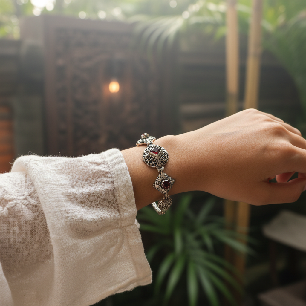 Bracciale Pati Balinesia indossato al polso – argento 925 ossidato con granati rossi naturali, sfondo giradino balinese – Collezione Viaggio a Celuk